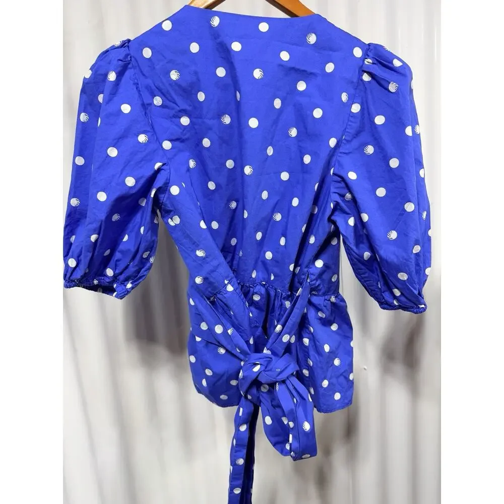 Lilly Pulitzer Periwinkle Blue Sz 6 White Polka Dot Cotton Puff Sleeve Wrap Top